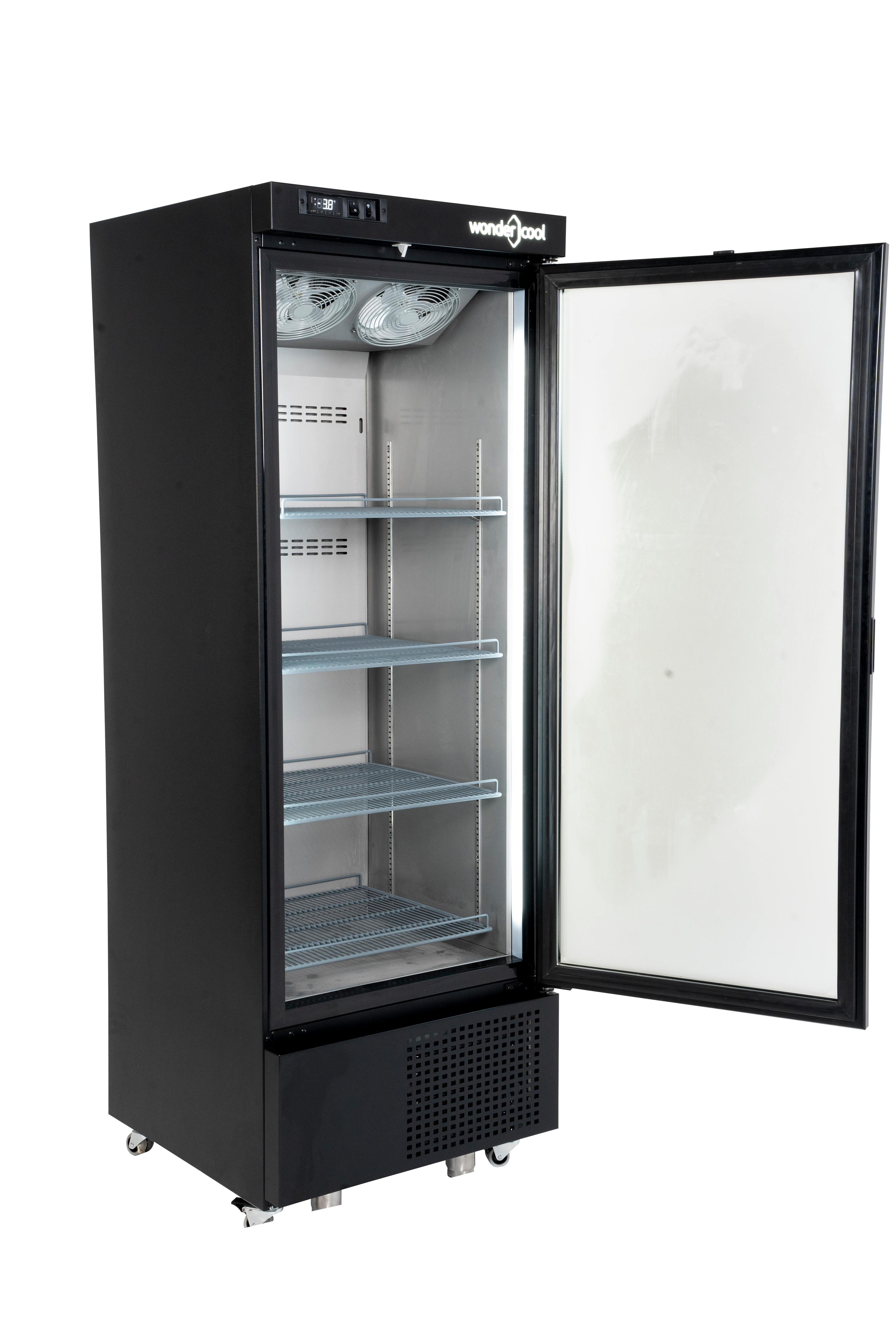 Refrigerador Wondercool en color negro con puerta abierta